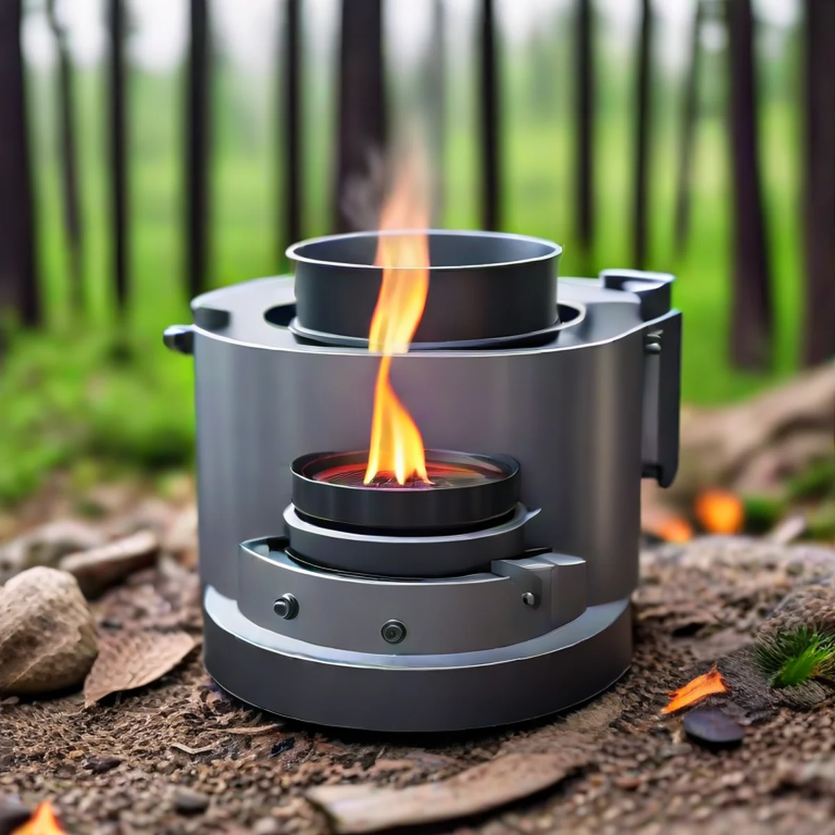 Détail d'un réchaud de camping en pleine nature