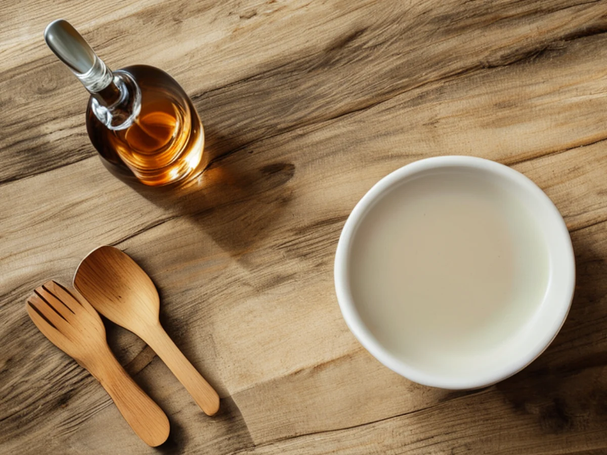 close detail of the main object, overhead view of a tabletop flat lay with a white ceramic mug, a wooden spoon, and a glass bottle
