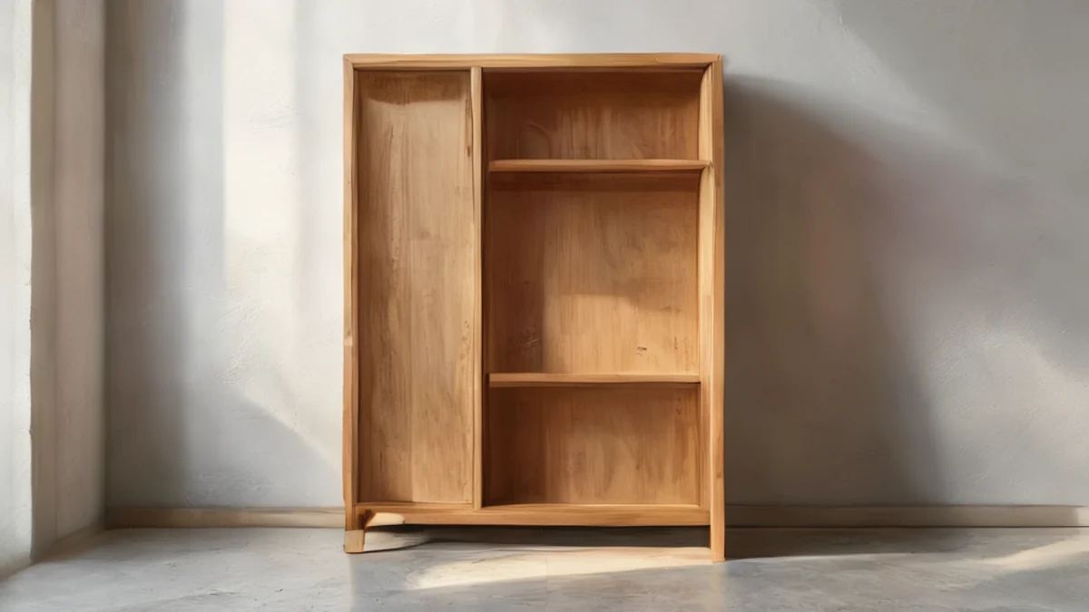 Ein Holzschrank mit mehreren Schubladen und einem Metallrahmen.