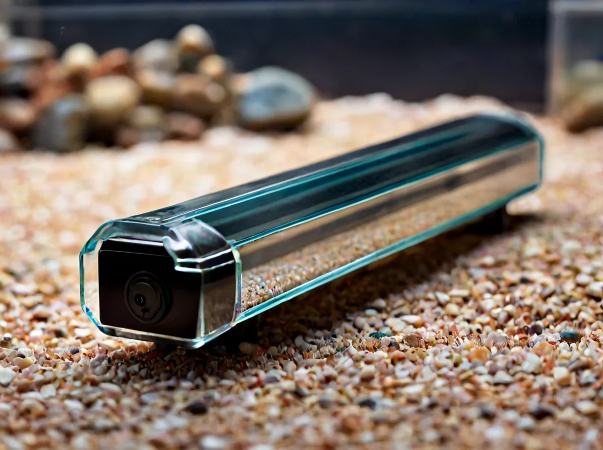 A glass aquarium heater rod submerged at the bottom of a water tank