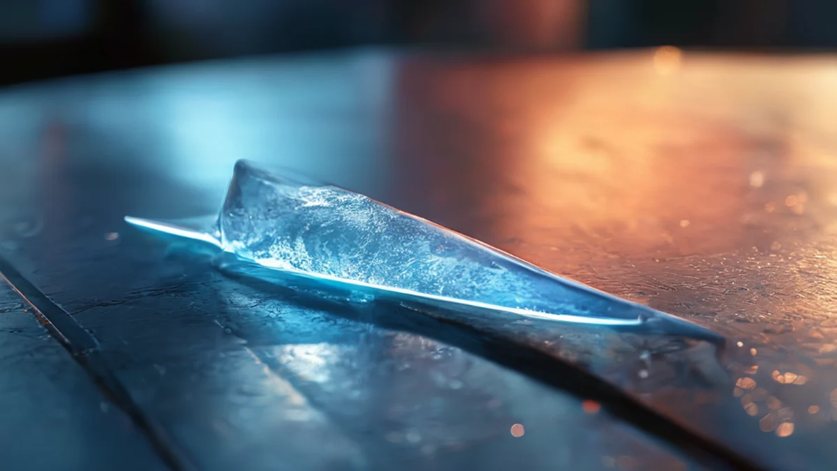 Sotto una luce laterale calda, su una mensa metallica, un filo sottile e trasparente di colore blu, profondità di campo sottile, realismo fotografico, dettagli alti
