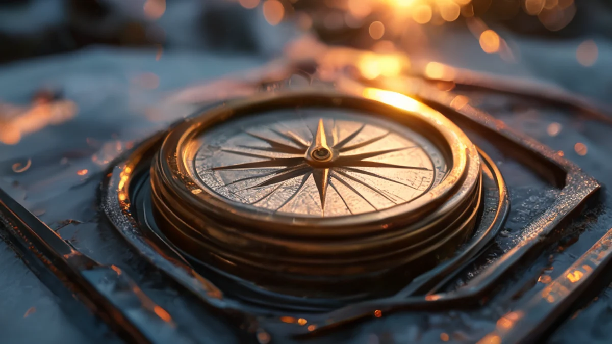 Compasso di ghiaccio, rame, vetro opalino con crepe, su un supporto metallico sotto la luce dorata del crepuscolo, profondità di campo sottile, realismo fotografico, dettagli elevati