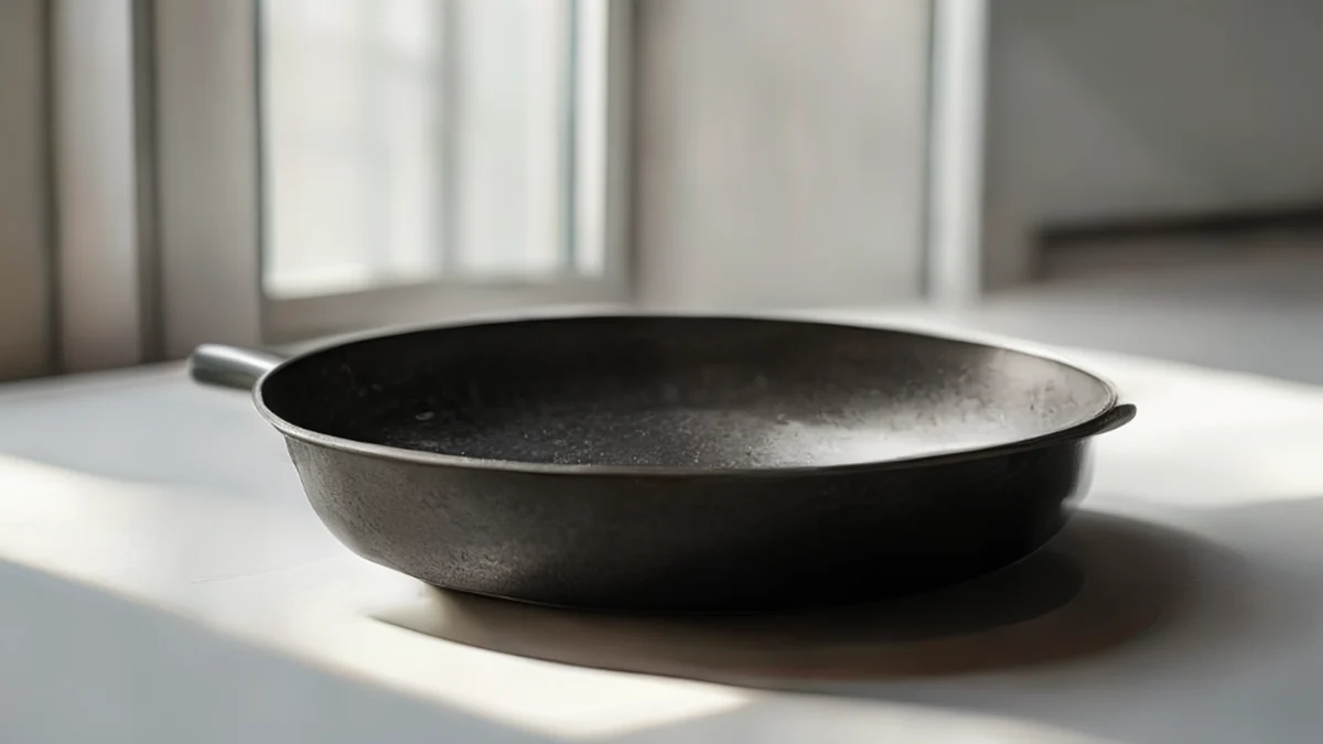 Een grote ijzeren pan, matte zwart met een roestige rand, op een witte tafel, onder zachte raamlicht, lage scherpte, fotorealistisch, scherp focus, hoge details